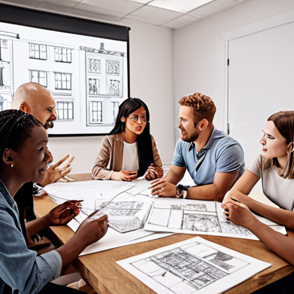 **Prompt:** *Architectural team brainstorming session, open and respectful dialogue, diverse group around a table, plans and sketches visible, emphasis on listening and understanding.*