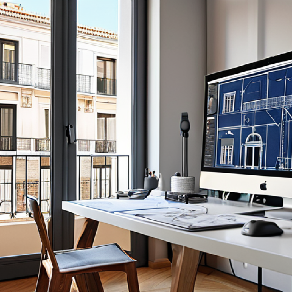 **Modern architect's workspace in Madrid. Natural light, detailed blueprints, stylish design software on screen. Reflects passion and professional dedication.**
