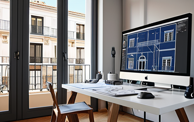 **Modern architect's workspace in Madrid. Natural light, detailed blueprints, stylish design software on screen. Reflects passion and professional dedication.**