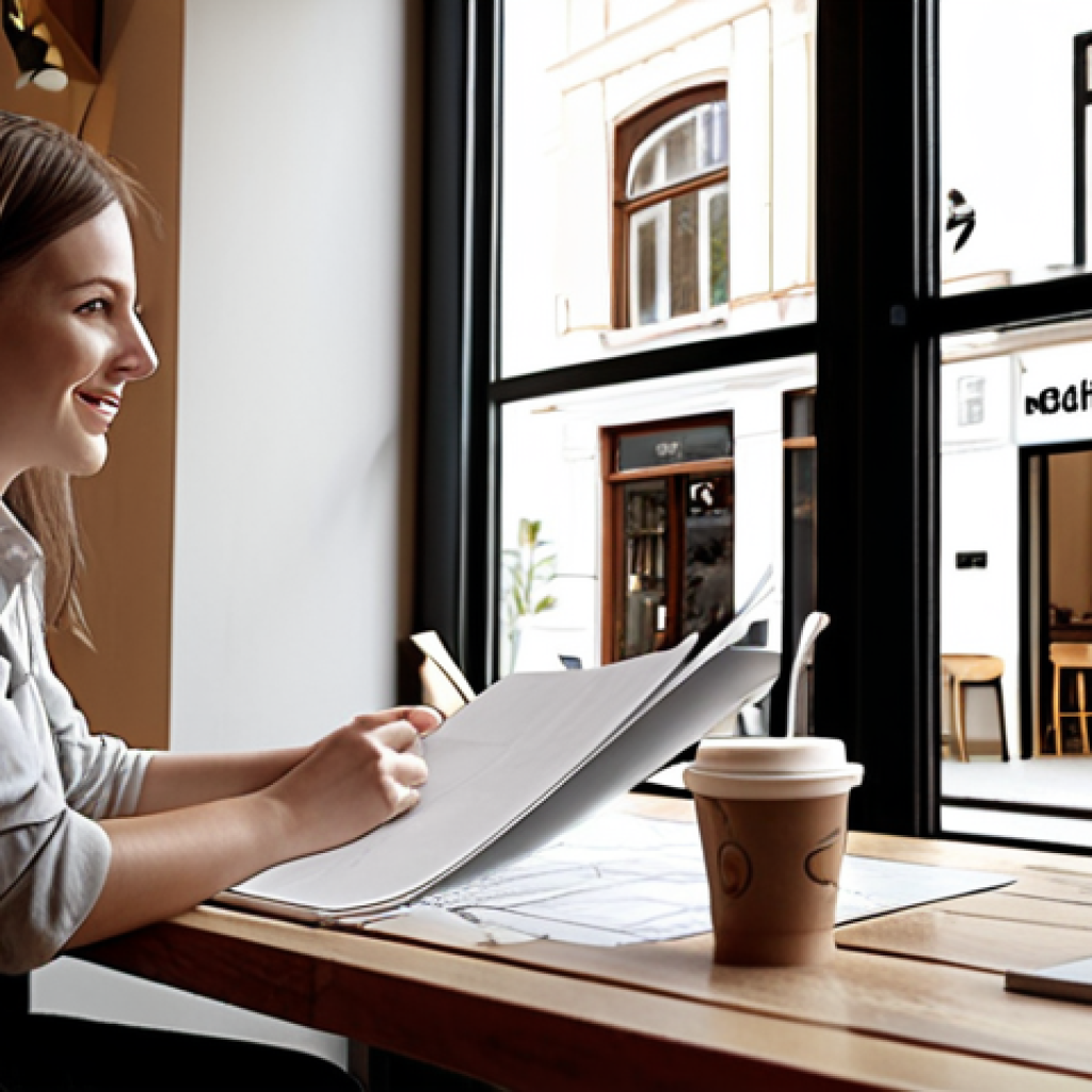 Portfolio Review Coffee Chat**

Prompt: *Architect giving feedback on a portfolio in a cafe setting, friendly atmosphere, natural light, architectural drawings.*

**