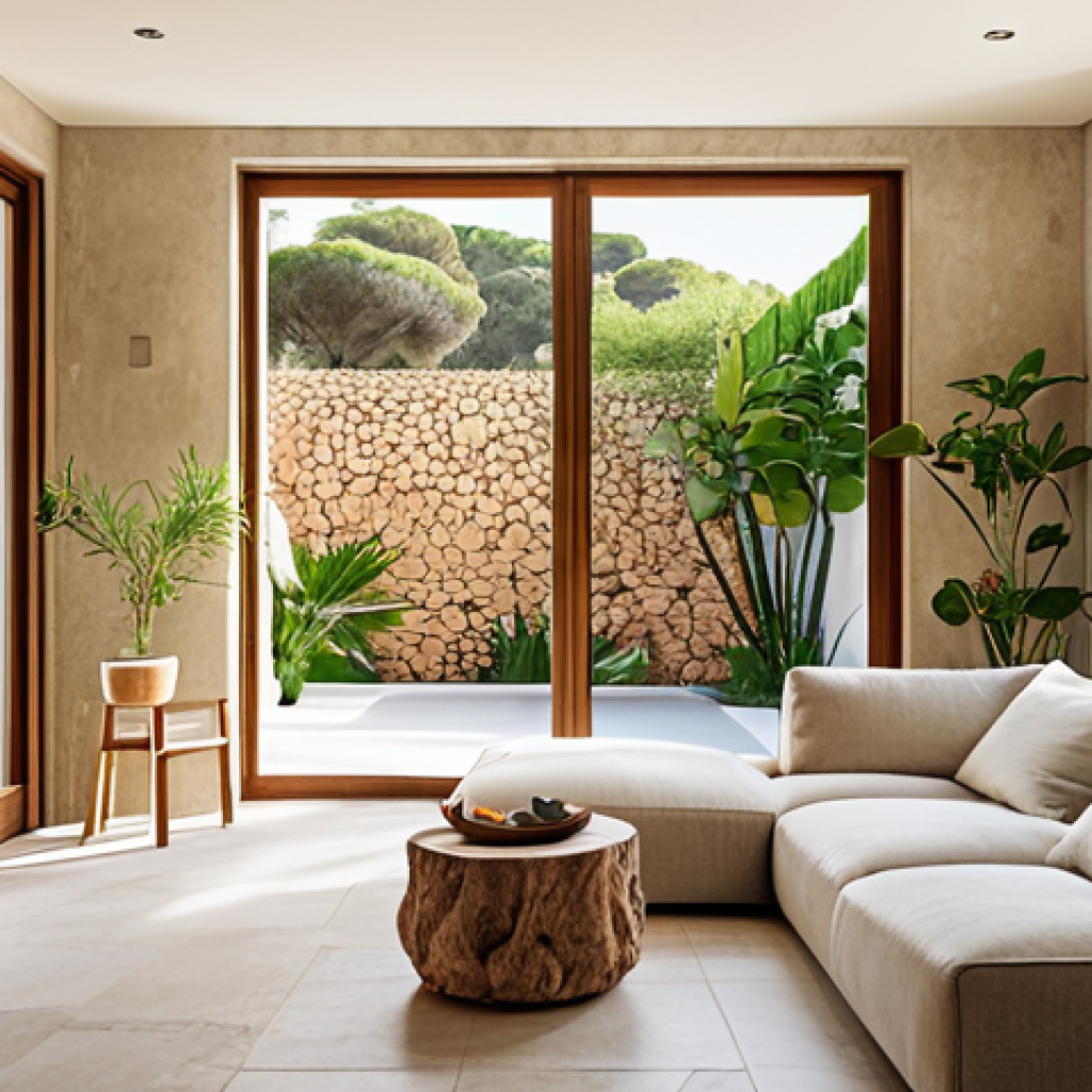 **Image Prompt:** A bright, airy interior of a modern Spanish home with large windows showcasing a lush Mediterranean garden. Natural light floods the space, highlighting textures of reclaimed wood and natural stone. Feature acoustic panels subtly integrated into the design. The scene evokes a sense of calm and well-being, embodying biophilic design principles.