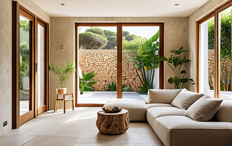 **Image Prompt:** A bright, airy interior of a modern Spanish home with large windows showcasing a lush Mediterranean garden. Natural light floods the space, highlighting textures of reclaimed wood and natural stone. Feature acoustic panels subtly integrated into the design. The scene evokes a sense of calm and well-being, embodying biophilic design principles.