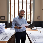 **

Architect reviewing building permits and local regulations at a city hall, surrounded by architectural plans and documents. Focus on the bureaucratic process and communication with local authorities.

**