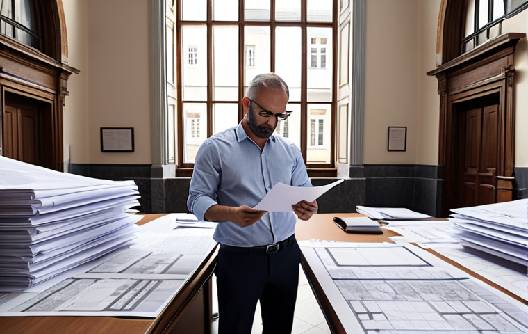 **

Architect reviewing building permits and local regulations at a city hall, surrounded by architectural plans and documents. Focus on the bureaucratic process and communication with local authorities.

**