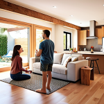 **Architectural Presentation Storytelling:** A warm, inviting architectural rendering, showcasing a family happily interacting in a newly designed open-plan living space. Soft, natural light fills the room. Emphasis on emotional connection and the improved quality of life the architecture provides.