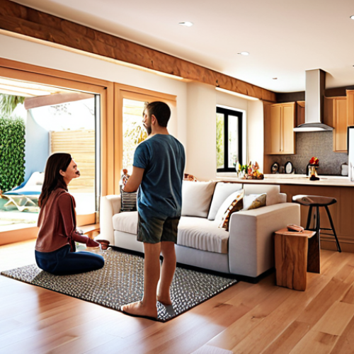 **Architectural Presentation Storytelling:** A warm, inviting architectural rendering, showcasing a family happily interacting in a newly designed open-plan living space. Soft, natural light fills the room. Emphasis on emotional connection and the improved quality of life the architecture provides.