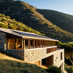 An eco-friendly architectural building seamlessly integrated into a rugged, sun-drenched mountainous landscape, reminiscent of southern Spain. The structure features walls of locally sourced natural stone and warm-toned wooden beams, with strategically placed small windows and deep overhanging eaves providing natural shading. Subtle natural ventilation elements are incorporated, demonstrating a profound respect for the environment and adapting to the topography. The overall design emphasizes harmony and authenticity, appearing as if it organically grew from the earth. Professional architectural photography, golden hour lighting, clear sky, highly detailed, realistic, fully clothed, appropriate attire, safe for work, correct proportions, professional, family-friendly, appropriate content.