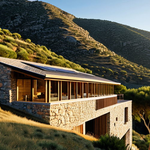 An eco-friendly architectural building seamlessly integrated into a rugged, sun-drenched mountainous landscape, reminiscent of southern Spain. The structure features walls of locally sourced natural stone and warm-toned wooden beams, with strategically placed small windows and deep overhanging eaves providing natural shading. Subtle natural ventilation elements are incorporated, demonstrating a profound respect for the environment and adapting to the topography. The overall design emphasizes harmony and authenticity, appearing as if it organically grew from the earth. Professional architectural photography, golden hour lighting, clear sky, highly detailed, realistic, fully clothed, appropriate attire, safe for work, correct proportions, professional, family-friendly, appropriate content.