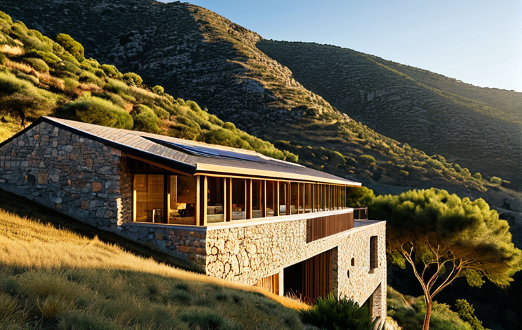 An eco-friendly architectural building seamlessly integrated into a rugged, sun-drenched mountainous landscape, reminiscent of southern Spain. The structure features walls of locally sourced natural stone and warm-toned wooden beams, with strategically placed small windows and deep overhanging eaves providing natural shading. Subtle natural ventilation elements are incorporated, demonstrating a profound respect for the environment and adapting to the topography. The overall design emphasizes harmony and authenticity, appearing as if it organically grew from the earth. Professional architectural photography, golden hour lighting, clear sky, highly detailed, realistic, fully clothed, appropriate attire, safe for work, correct proportions, professional, family-friendly, appropriate content.