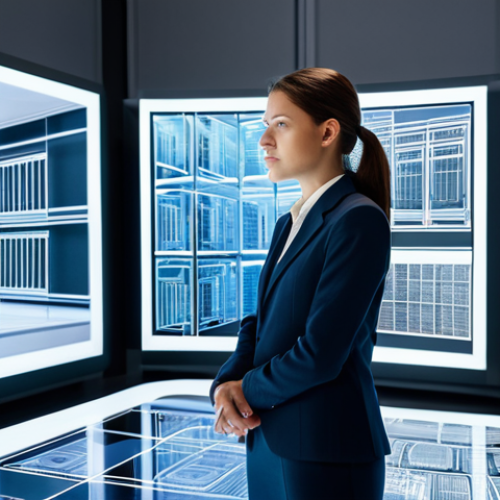 La Inteligencia Artificial Redefiniendo el Proceso Creativo & Materiales Inteligentes**

A professional female architect in a modest business suit, fully clothed, meticulously reviewing intricate 3D architectural models on a large, futuristic holographic display in a sleek, modern design studio. The models showcase adaptive facades and elements suggesting self-healing materials, emphasizing the integration of AI and smart technologies in building design. The scene is well-lit, with a focused, thoughtful expression on her face. Appropriate attire, safe for work, perfect anatomy, correct proportions, natural pose, well-formed hands, professional photography, high quality.

**