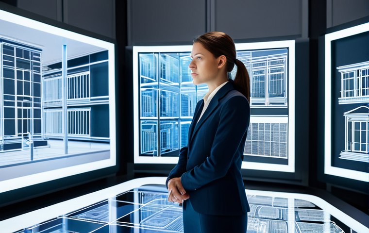 La Inteligencia Artificial Redefiniendo el Proceso Creativo & Materiales Inteligentes**
A professional female architect in a modest business suit, fully clothed, meticulously reviewing intricate 3D architectural models on a large, futuristic holographic display in a sleek, modern design studio. The models showcase adaptive facades and elements suggesting self-healing materials, emphasizing the integration of AI and smart technologies in building design. The scene is well-lit, with a focused, thoughtful expression on her face. Appropriate attire, safe for work, perfect anatomy, correct proportions, natural pose, well-formed hands, professional photography, high quality.
**
