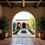 An architectural interior of a traditional Andalusian-style home, showcasing passive design principles. The scene features thick, textured stone walls, a bright, naturally lit inner courtyard with lush, drought-resistant plants, and high ceilings that encourage natural ventilation. Visible sustainable materials include reclaimed dark wood beams, terracotta floor tiles, and adobe wall sections, emphasizing a harmonious blend of historical wisdom and environmental consciousness. Sunlight filters gently through large, strategically placed windows, illuminating the tranquil space and highlighting the natural cooling and heating design. Safe for work, appropriate content, fully clothed, professional, high quality, perfect anatomy, correct proportions, natural composition.