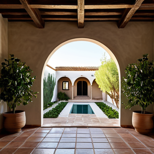 An architectural interior of a traditional Andalusian-style home, showcasing passive design principles. The scene features thick, textured stone walls, a bright, naturally lit inner courtyard with lush, drought-resistant plants, and high ceilings that encourage natural ventilation. Visible sustainable materials include reclaimed dark wood beams, terracotta floor tiles, and adobe wall sections, emphasizing a harmonious blend of historical wisdom and environmental consciousness. Sunlight filters gently through large, strategically placed windows, illuminating the tranquil space and highlighting the natural cooling and heating design. Safe for work, appropriate content, fully clothed, professional, high quality, perfect anatomy, correct proportions, natural composition.