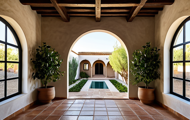An architectural interior of a traditional Andalusian-style home, showcasing passive design principles. The scene features thick, textured stone walls, a bright, naturally lit inner courtyard with lush, drought-resistant plants, and high ceilings that encourage natural ventilation. Visible sustainable materials include reclaimed dark wood beams, terracotta floor tiles, and adobe wall sections, emphasizing a harmonious blend of historical wisdom and environmental consciousness. Sunlight filters gently through large, strategically placed windows, illuminating the tranquil space and highlighting the natural cooling and heating design. Safe for work, appropriate content, fully clothed, professional, high quality, perfect anatomy, correct proportions, natural composition.