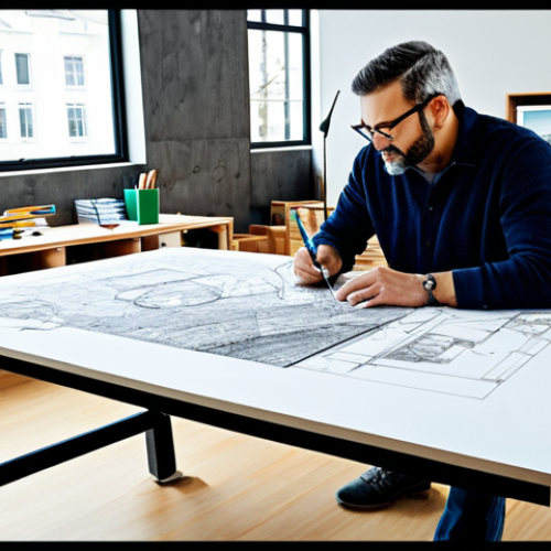 Conceptual Design Stage**

"An architect in a bright, modern studio, sketching a building design on a large drafting table, surrounded by architectural models and material samples, fully clothed, appropriate attire, perfect anatomy, natural proportions, safe for work, professional, family-friendly, concept art, detailed line work, high resolution."

**