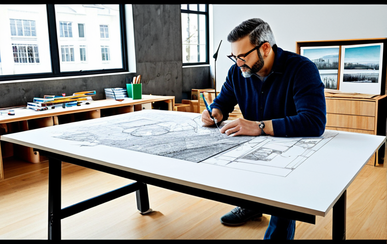 Conceptual Design Stage**
"An architect in a bright, modern studio, sketching a building design on a large drafting table, surrounded by architectural models and material samples, fully clothed, appropriate attire, perfect anatomy, natural proportions, safe for work, professional, family-friendly, concept art, detailed line work, high resolution."
**