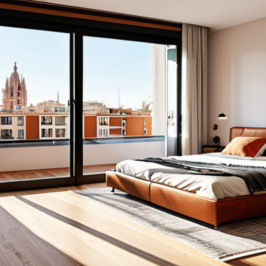 ** A modern apartment interior in Barcelona, Spain. Sunlight streams through large windows overlooking a bustling street. Minimalist furniture, warm color palette, terracotta accents.  High-quality photography, realistic rendering, safe for work, professional design, appropriate content, fully clothed.

**