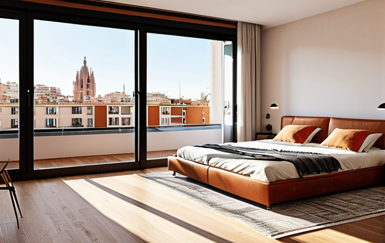 ** A modern apartment interior in Barcelona, Spain. Sunlight streams through large windows overlooking a bustling street. Minimalist furniture, warm color palette, terracotta accents.  High-quality photography, realistic rendering, safe for work, professional design, appropriate content, fully clothed.

**