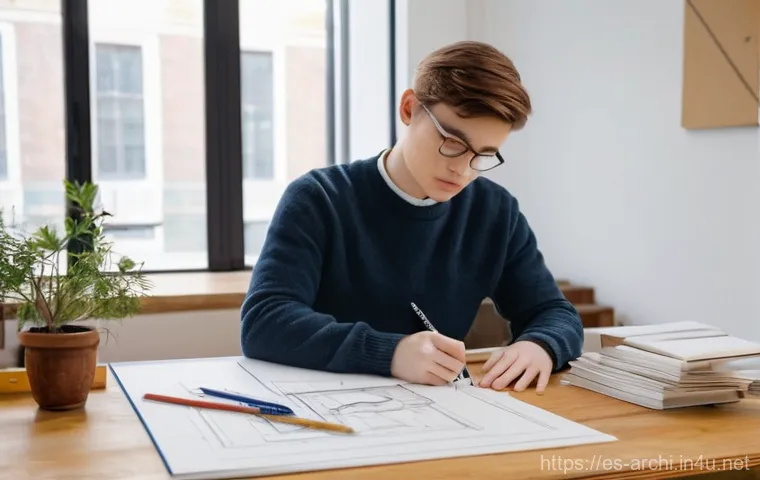 건축 실기 시험에서 주의할 점 정리 - **Prompt:** A calm and focused architectural student, wearing a neat casual outfit (e.g., a simple s...