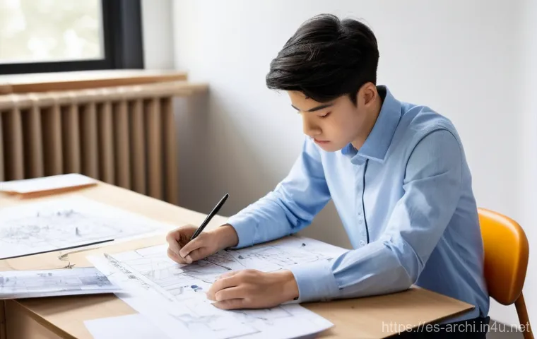 건축 실기 시험에서 주의할 점 정리 - **Prompt:** A close-up, high-angle shot focusing on the clean, skilled hands of an architect or adva...