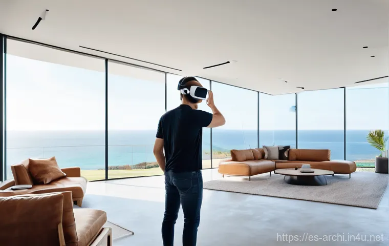 건축 설계에서 디지털 도구의 역할 - **Immersive Architectural VR Experience:**
    "A person, dressed in contemporary smart-casual cloth...