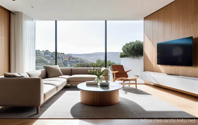 건축 설계의 미래 트렌드 전망 - **Smart Spaces: A Harmonious Intelligent Home**
    A wide-angle, brightly lit interior shot of a mi...