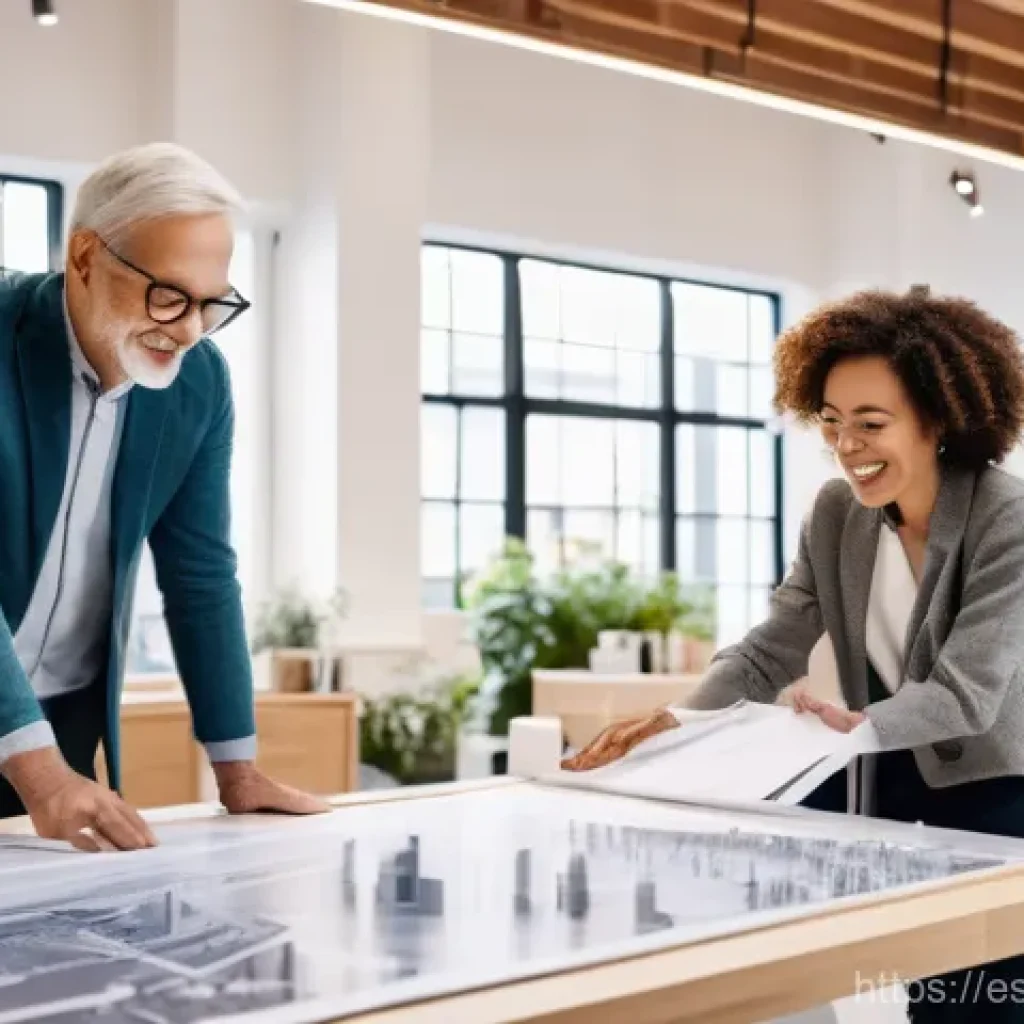 건축 프로젝트에서 고객 만족도 유지 - **Prompt:** A warm, brightly lit architectural studio, bustling with creative energy. In the foregro...