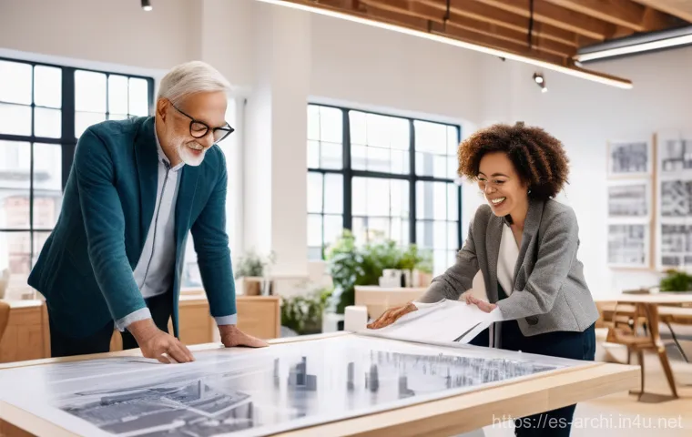 건축 프로젝트에서 고객 만족도 유지 - **Prompt:** A warm, brightly lit architectural studio, bustling with creative energy. In the foregro...