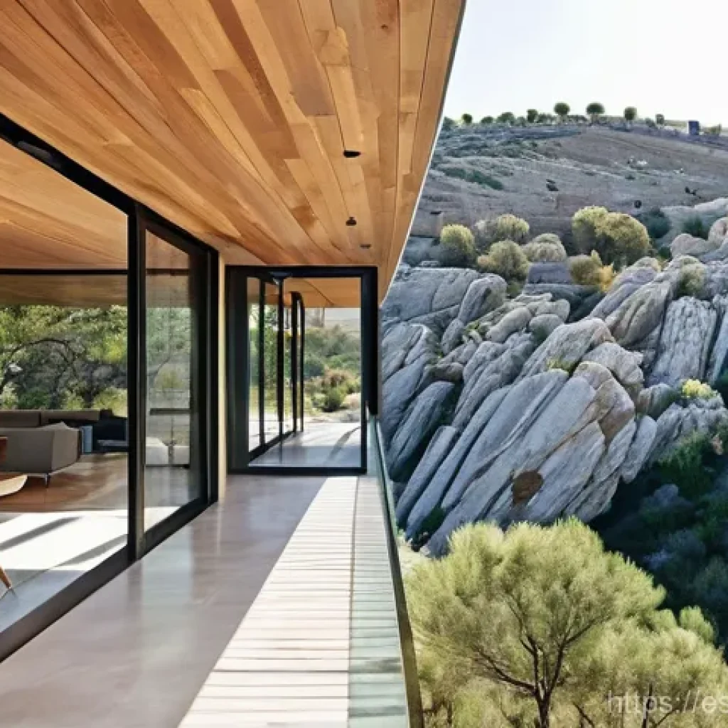 건축 실무에서 요구되는 창의적 문제 해결 사례 - **Prompt:** A modern, sustainable house nestled into a steep, rocky hillside in the Sierra de Madrid...