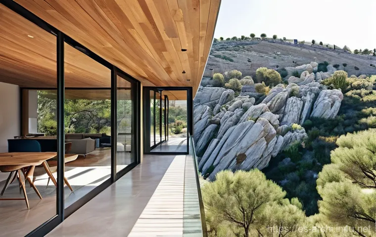 건축 실무에서 요구되는 창의적 문제 해결 사례 - **Prompt:** A modern, sustainable house nestled into a steep, rocky hillside in the Sierra de Madrid...