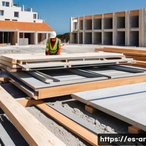 건축 설계와 건축 비용 최적화 - A detailed construction site scene in a sunny coastal Spanish town, showcasing workers using local w...