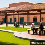 건축 프로젝트와 커뮤니티 참여 - A vibrant community park in a Spanish neighborhood featuring diverse age groups interacting harmonio...