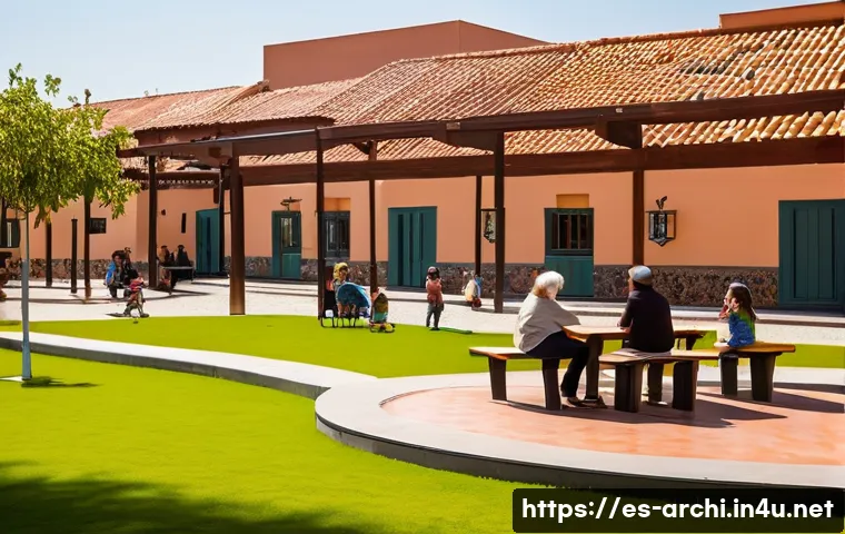 건축 프로젝트와 커뮤니티 참여 - A vibrant community park in a Spanish neighborhood featuring diverse age groups interacting harmonio...