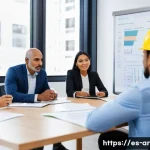 건축 프로젝트에서 발생하는 갈등 관리 기법 - A diverse construction team gathered around a large table in a bright, modern meeting room, actively...