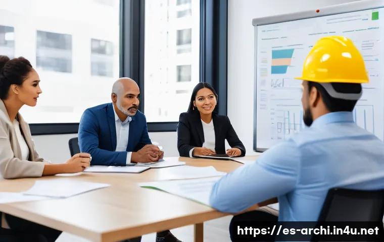 건축 프로젝트에서 발생하는 갈등 관리 기법 - A diverse construction team gathered around a large table in a bright, modern meeting room, actively...