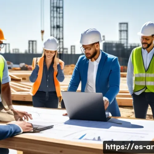 건축 설계와 시공의 간극 줄이기 - A professional construction site scene showing a diverse team of architects, engineers, and builders...