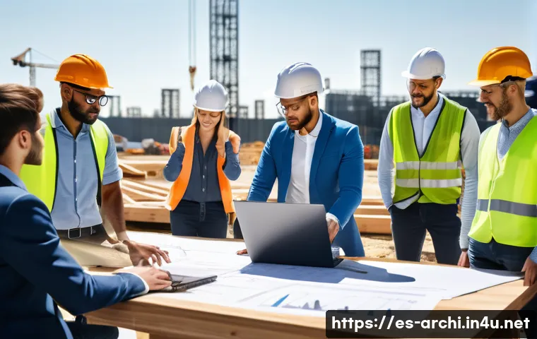 건축 설계와 시공의 간극 줄이기 - A professional construction site scene showing a diverse team of architects, engineers, and builders...