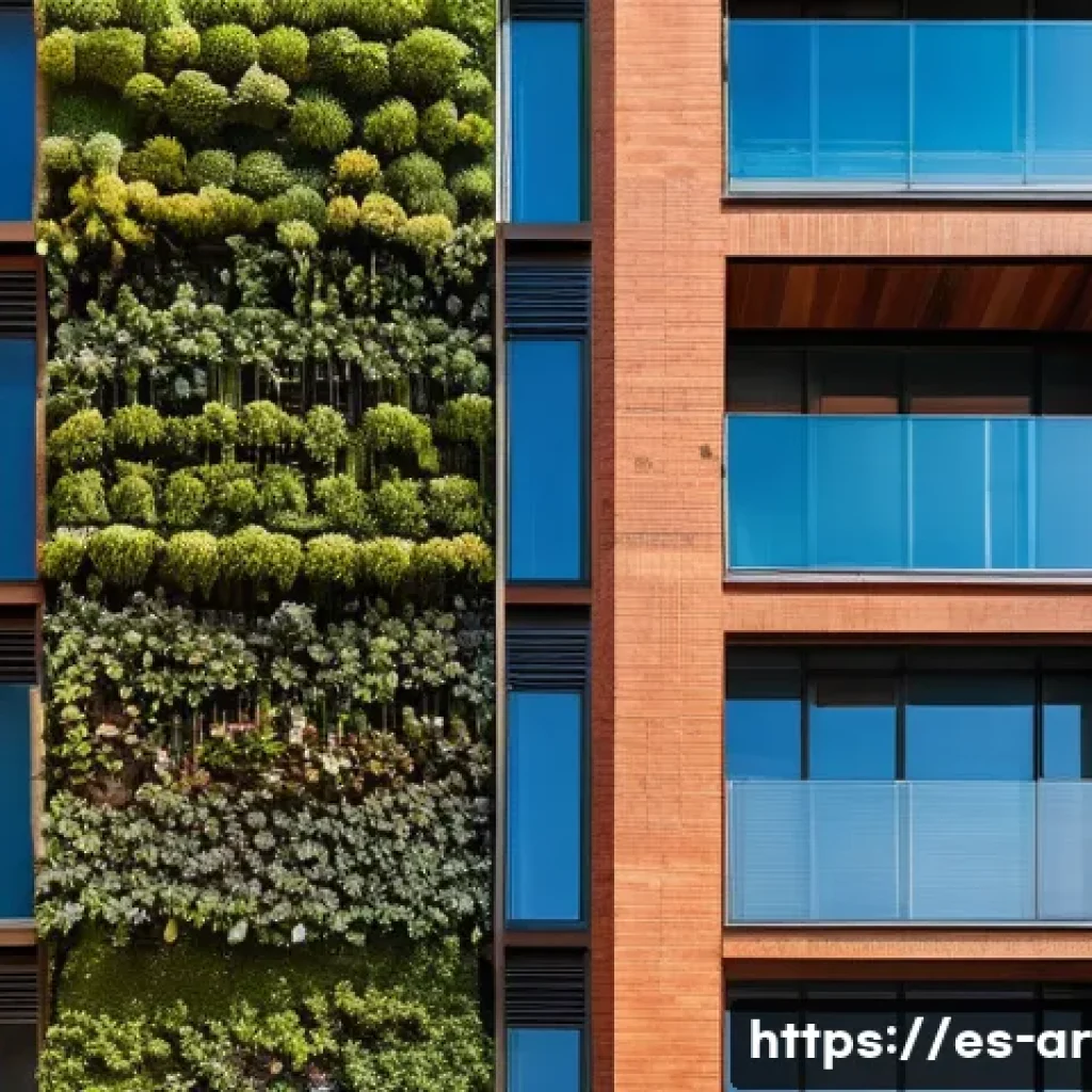 건축가의 지속 가능한 디자인 실천 사례 - A modern urban building facade made with recycled bricks and plastic insulating panels, showcasing a...