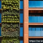 건축가의 지속 가능한 디자인 실천 사례 - A modern urban building facade made with recycled bricks and plastic insulating panels, showcasing a...