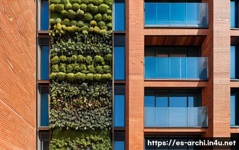 건축가의 지속 가능한 디자인 실천 사례 - A modern urban building facade made with recycled bricks and plastic insulating panels, showcasing a...