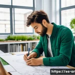 건축가로서의 경력 목표 설정 방법 - A young Spanish architect working passionately in a bright, modern studio filled with natural light,...
