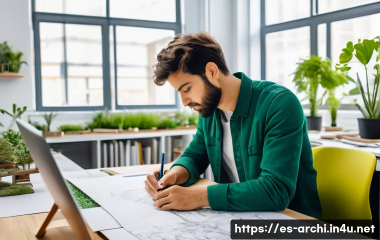 건축가로서의 경력 목표 설정 방법 - A young Spanish architect working passionately in a bright, modern studio filled with natural light,...