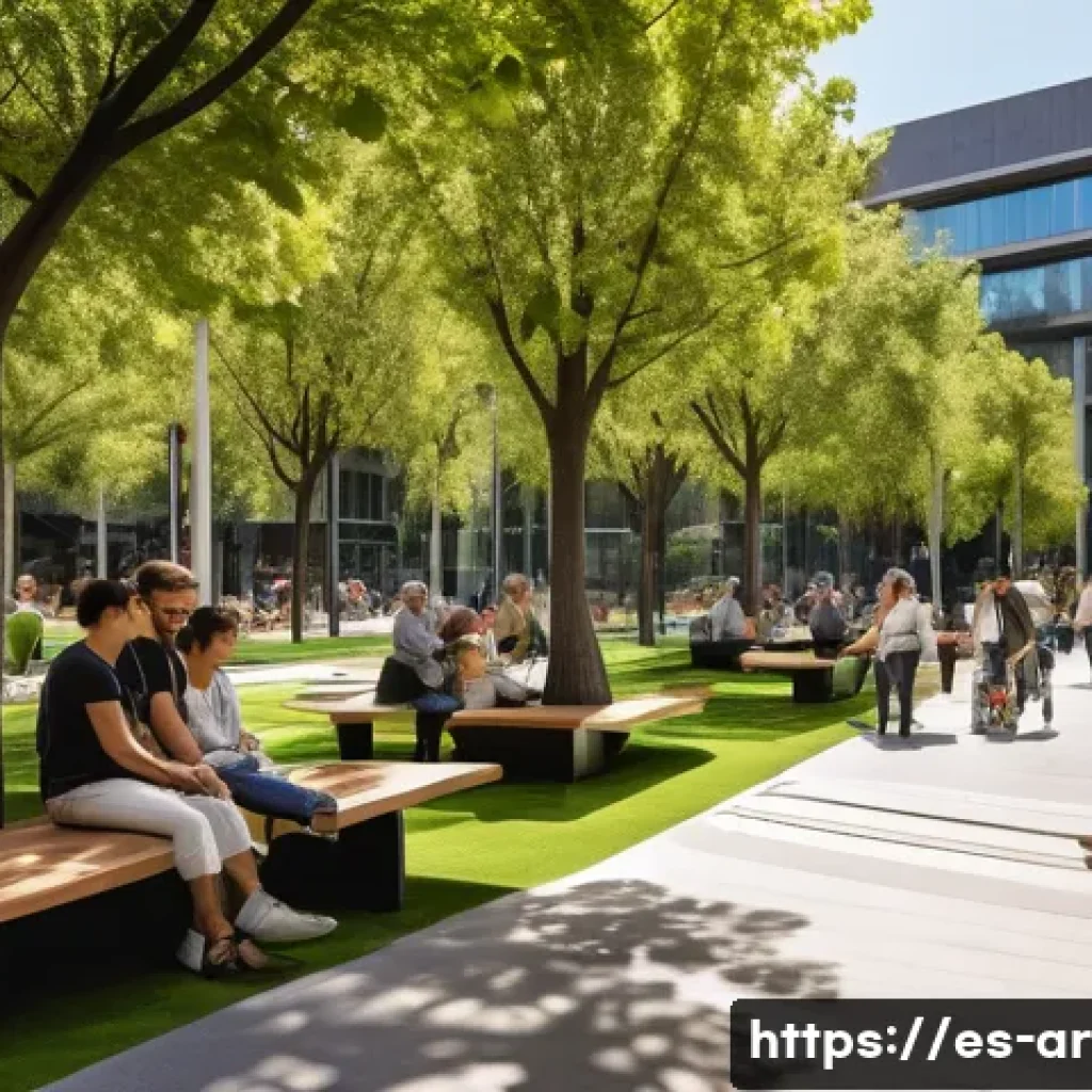 건축 설계와 공공 공간 디자인의 조화 - A vibrant urban plaza in Madrid during a sunny afternoon, featuring strategically placed ergonomic b...