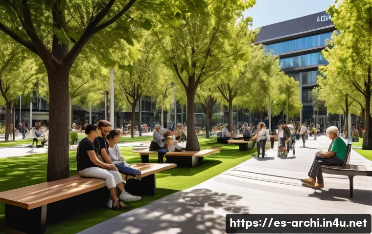 건축 설계와 공공 공간 디자인의 조화 - A vibrant urban plaza in Madrid during a sunny afternoon, featuring strategically placed ergonomic b...