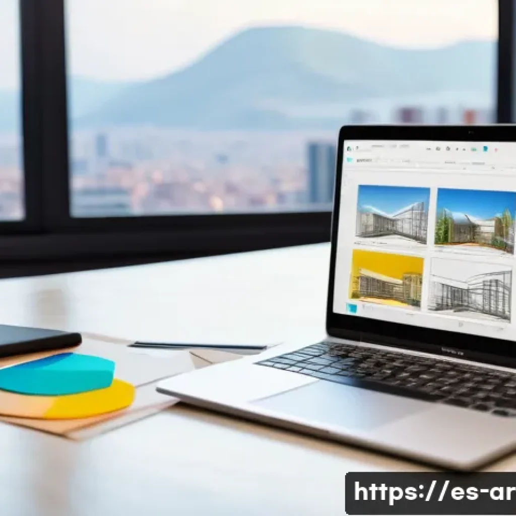건축 실무에서 소셜 미디어 활용법 - A modern architect’s digital workspace featuring a sleek laptop displaying 3D architectural renders ...