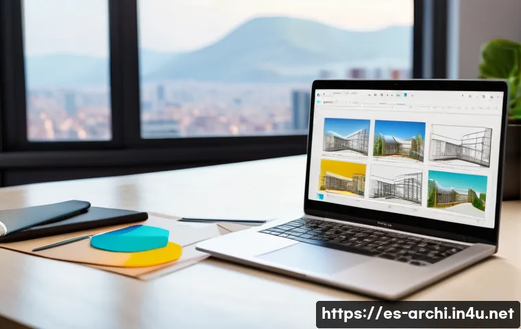 건축 실무에서 소셜 미디어 활용법 - A modern architect’s digital workspace featuring a sleek laptop displaying 3D architectural renders ...