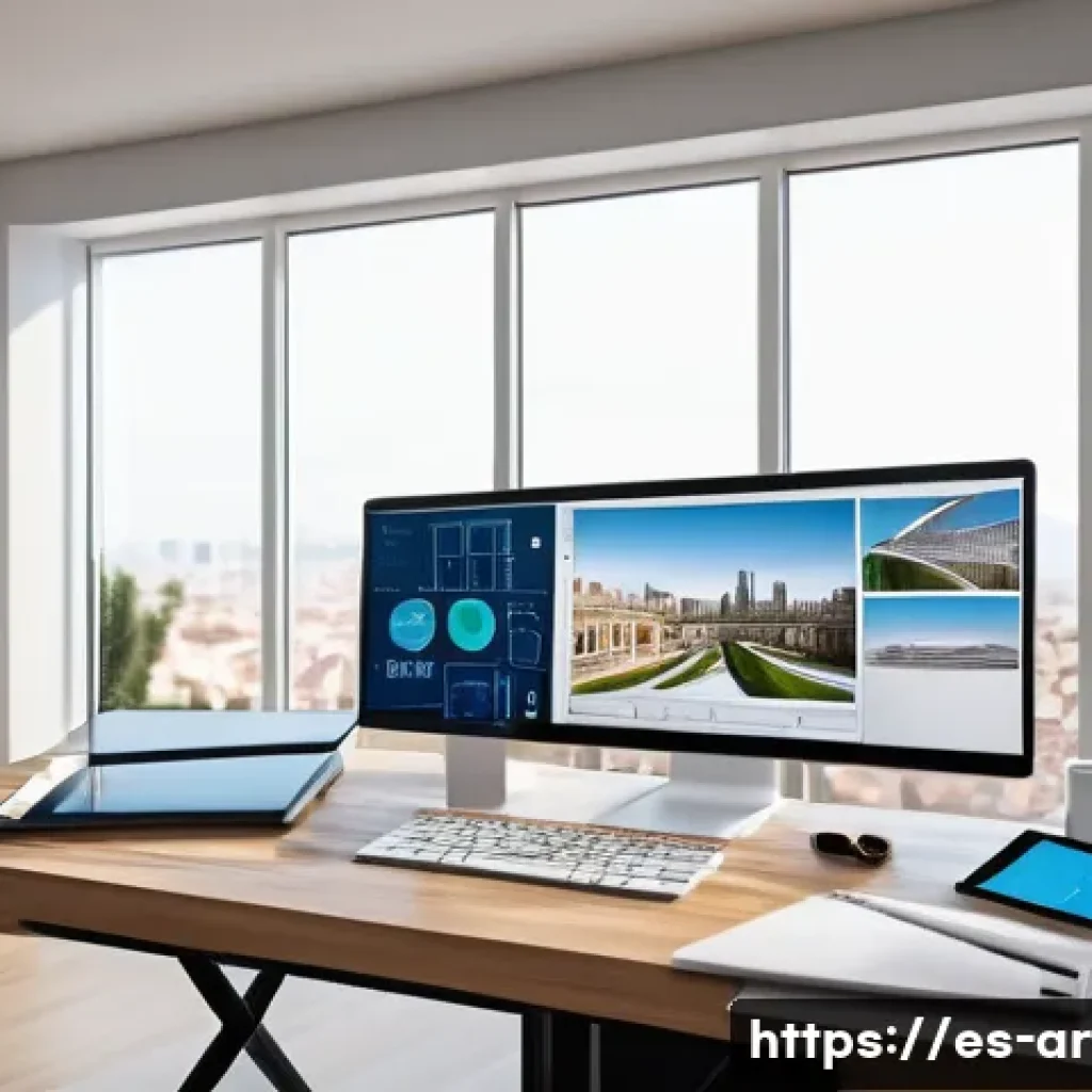 건축 실무에서의 자기 계발 노하우 - A modern architect’s workspace featuring a sleek desk with multiple digital screens displaying Revit...