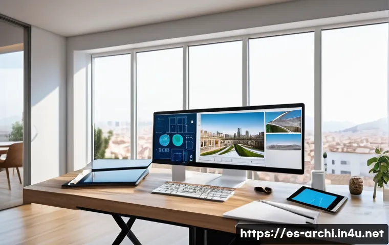 건축 실무에서의 자기 계발 노하우 - A modern architect&rsquo;s workspace featuring a sleek desk with multiple digital screens displaying Revit...