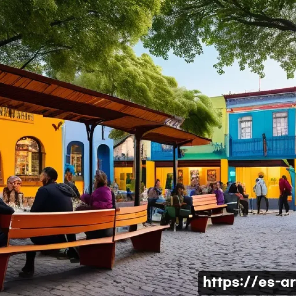 건축 프로젝트와 커뮤니티 기여 사례 - A vibrant community plaza in Buenos Aires inspired by La Boca revitalization, featuring colorful mur...
