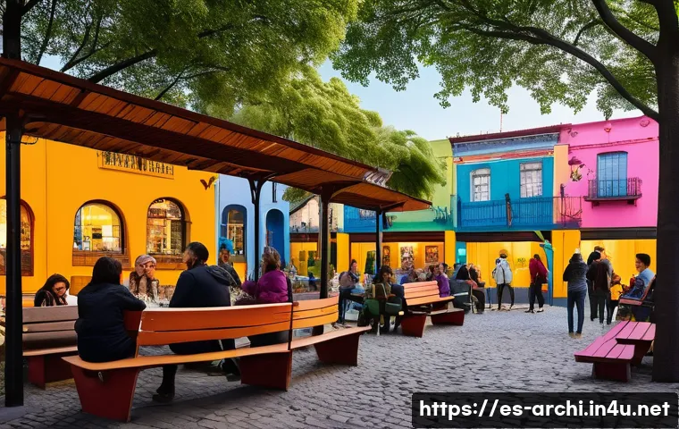 건축 프로젝트와 커뮤니티 기여 사례 - A vibrant community plaza in Buenos Aires inspired by La Boca revitalization, featuring colorful mur...